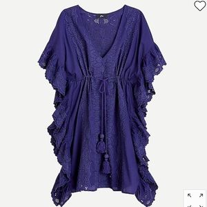 J. Crew Ruffle tunic coverup with tassels NWT beautiful indigo blue, embroidery